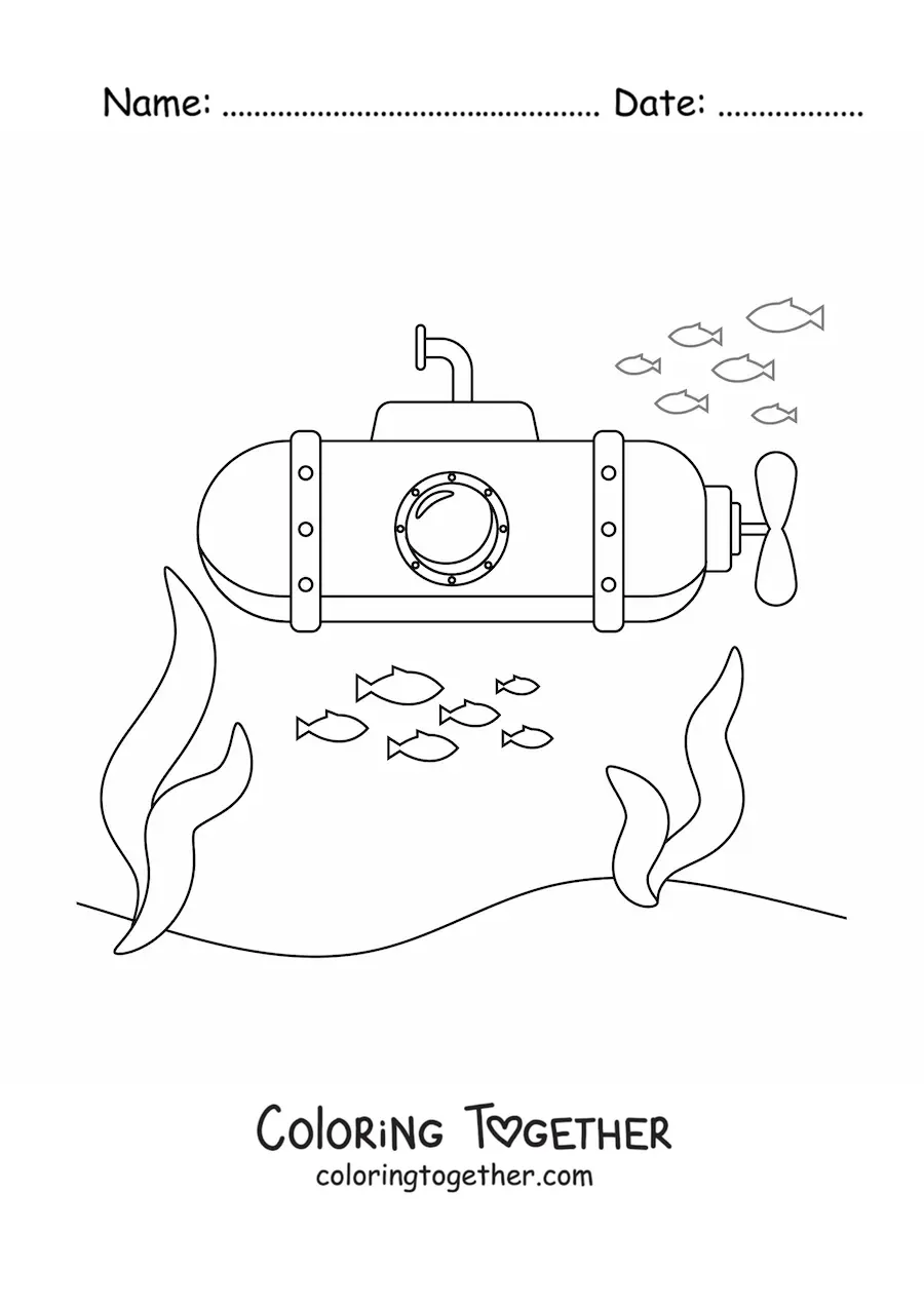 Coloring page of a long cartoon submarine on the ocean floor