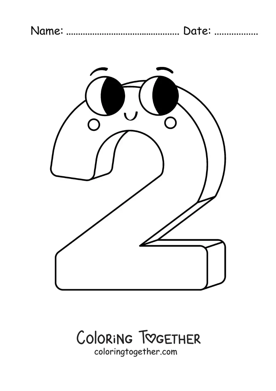Coloring page of the animated number 2 for children