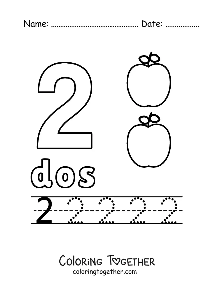 Coloring page of the number 2 with objects to learn to count and trace