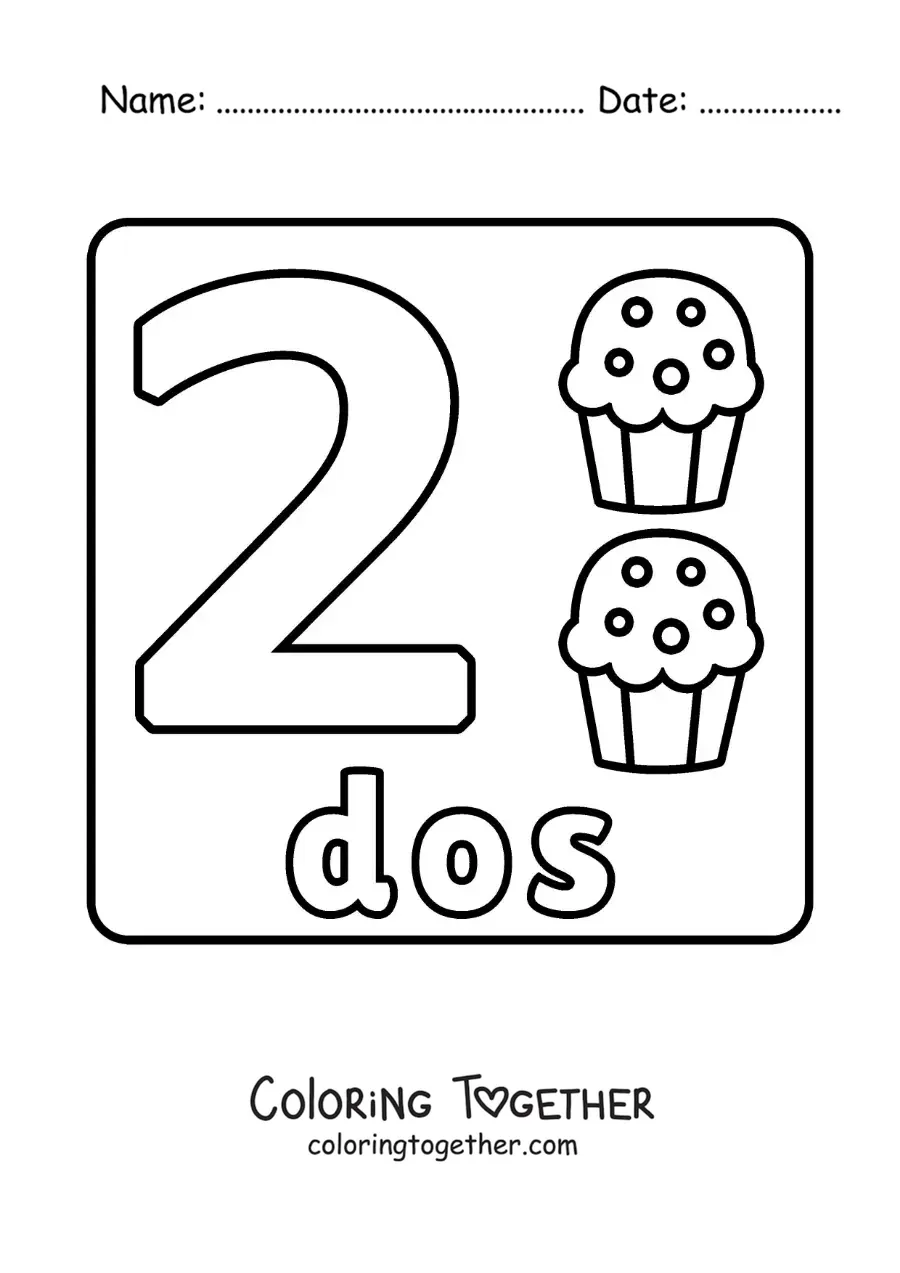 Coloring page of the number 2 with objects to learn to count