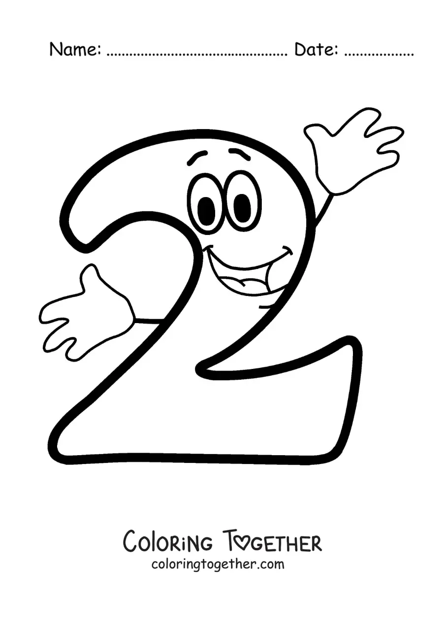 Coloring page of the animated number 2 dancing for kids