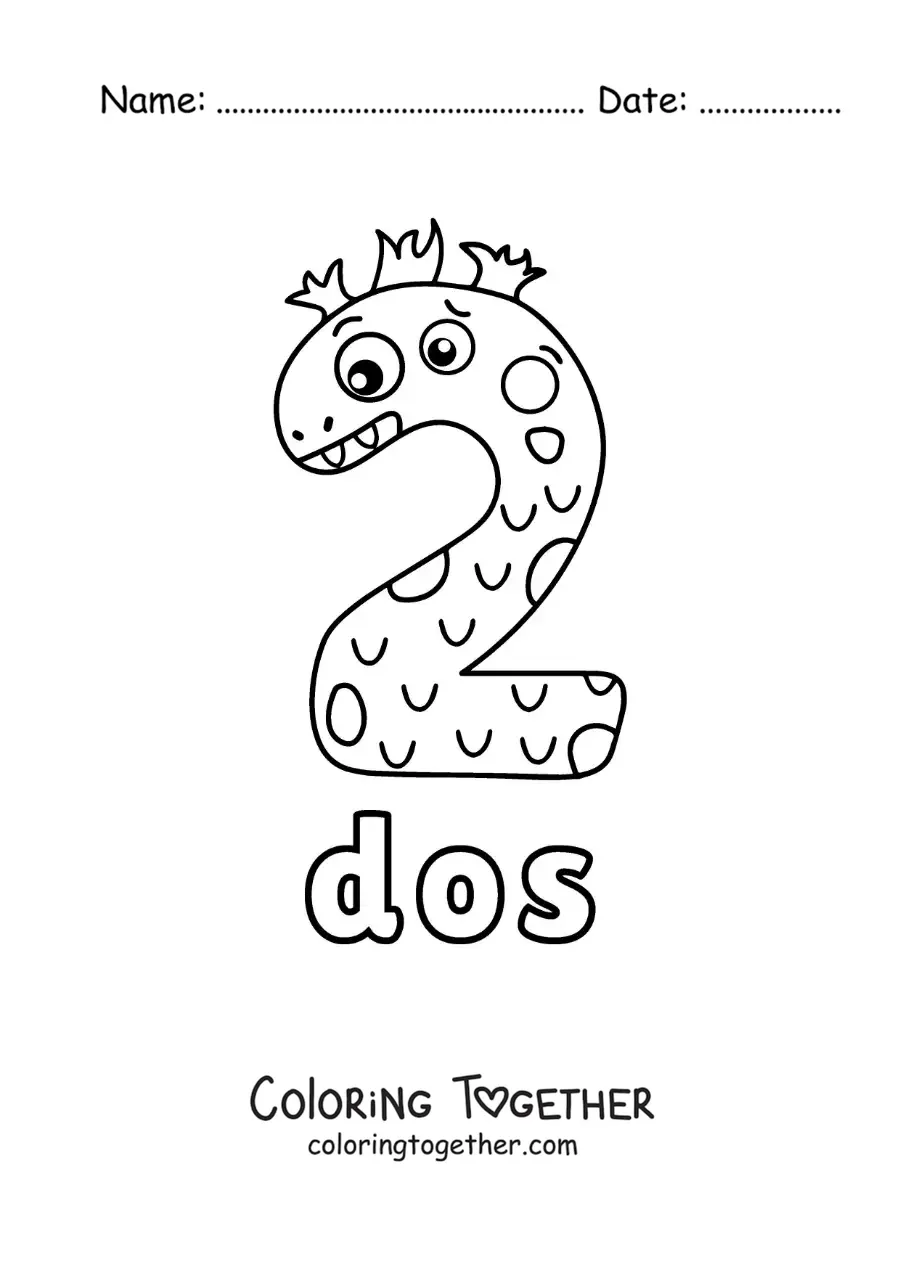 Coloring page of the number 2 shaped like an animated Halloween monster