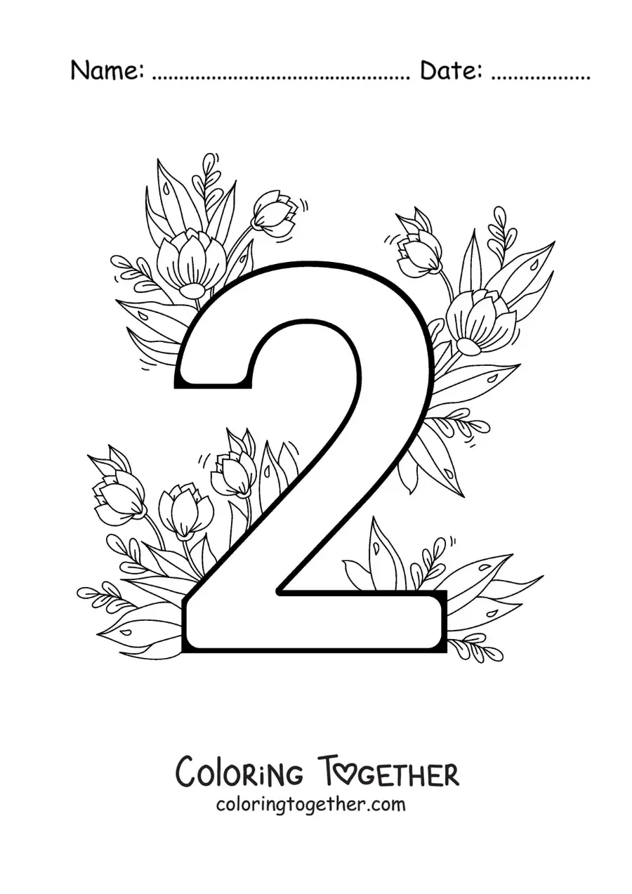 Coloring page of the number 2 decorated with flowers