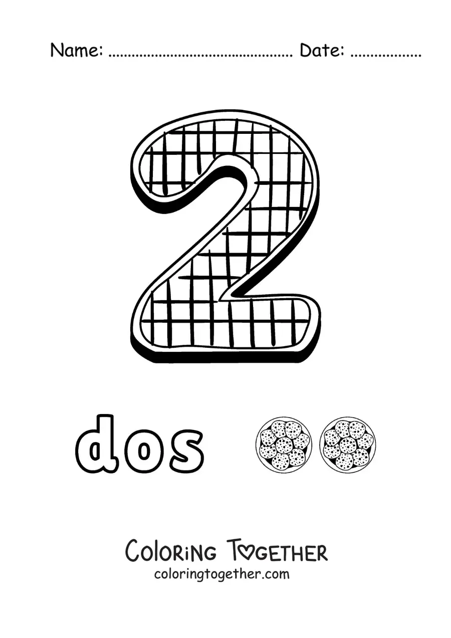 Coloring page of the animated number 2 shaped like a cookie with objects to count
