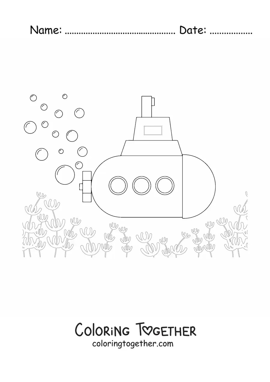 Coloring page of a submarine on the ocean floor with bubbles and fish