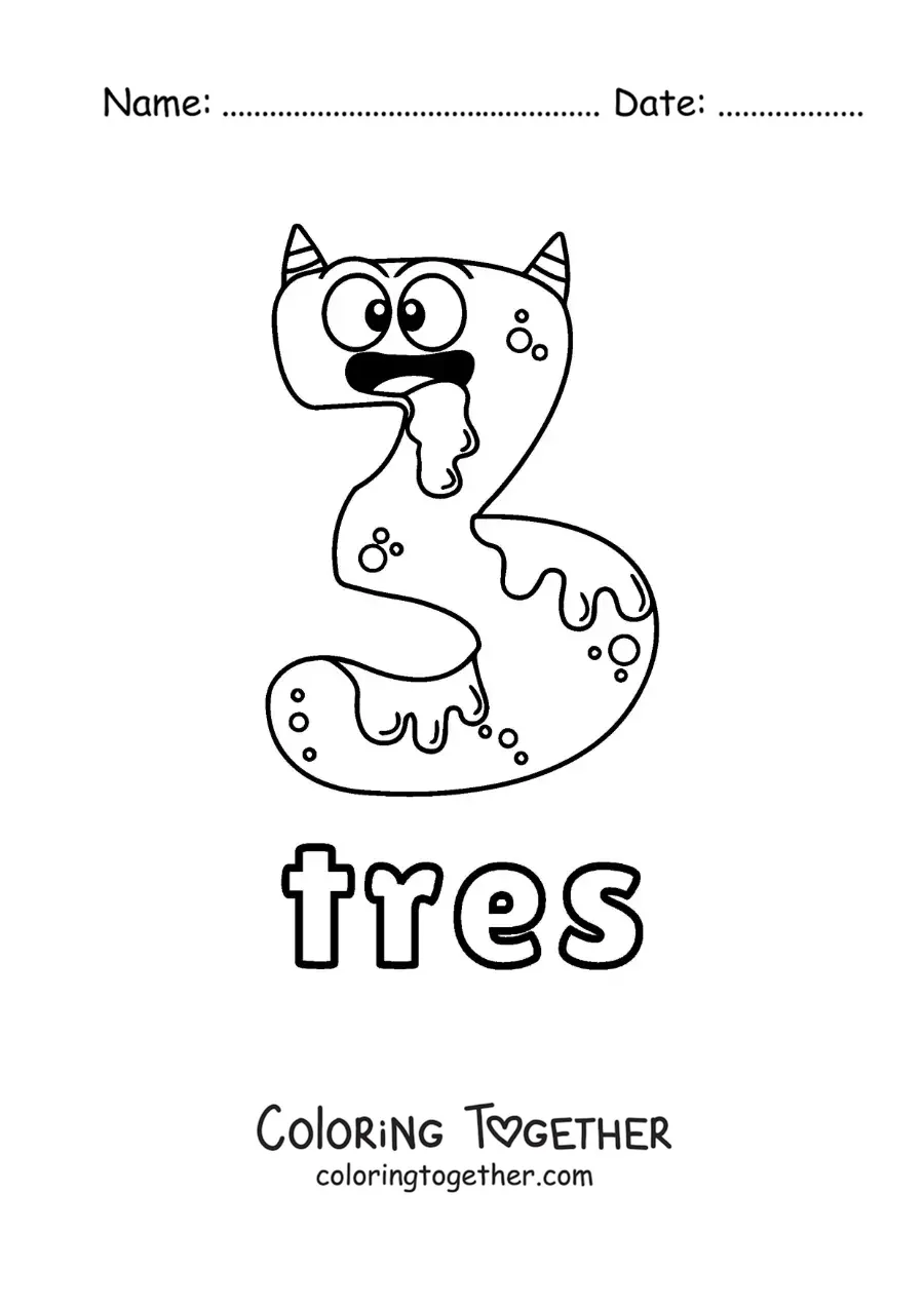 Coloring page of the number 3 shaped like an animated Halloween monster