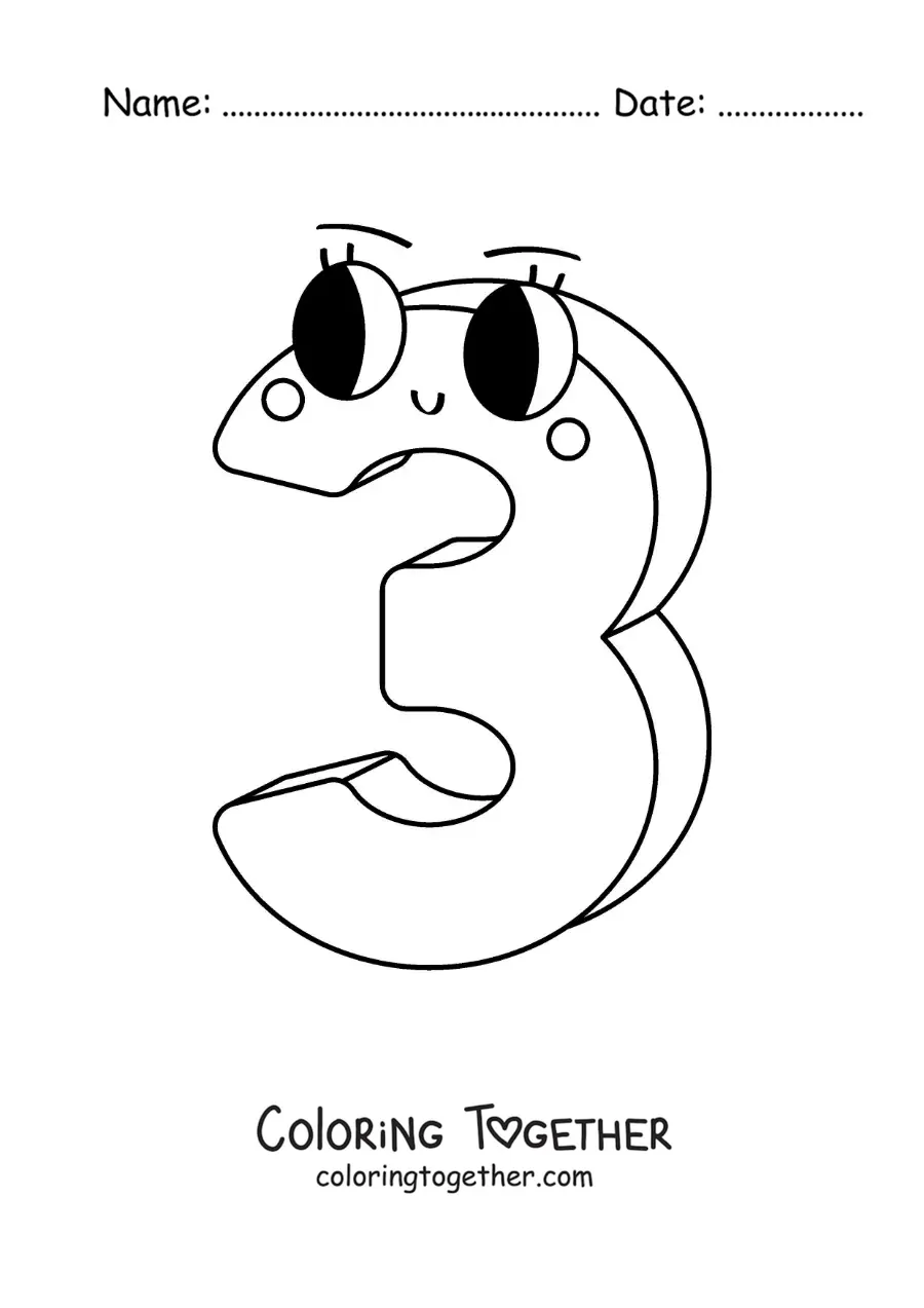 Coloring page of the animated number 3 for children