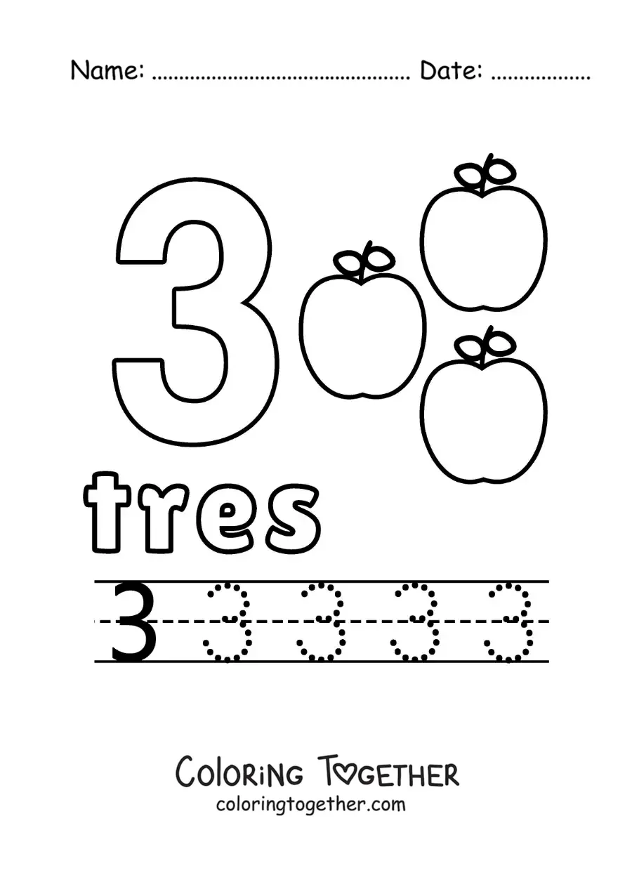 Coloring page of the number 3 with objects to learn to count and trace
