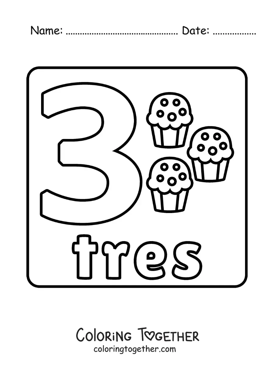 Coloring page of the number 3 with objects to learn to count