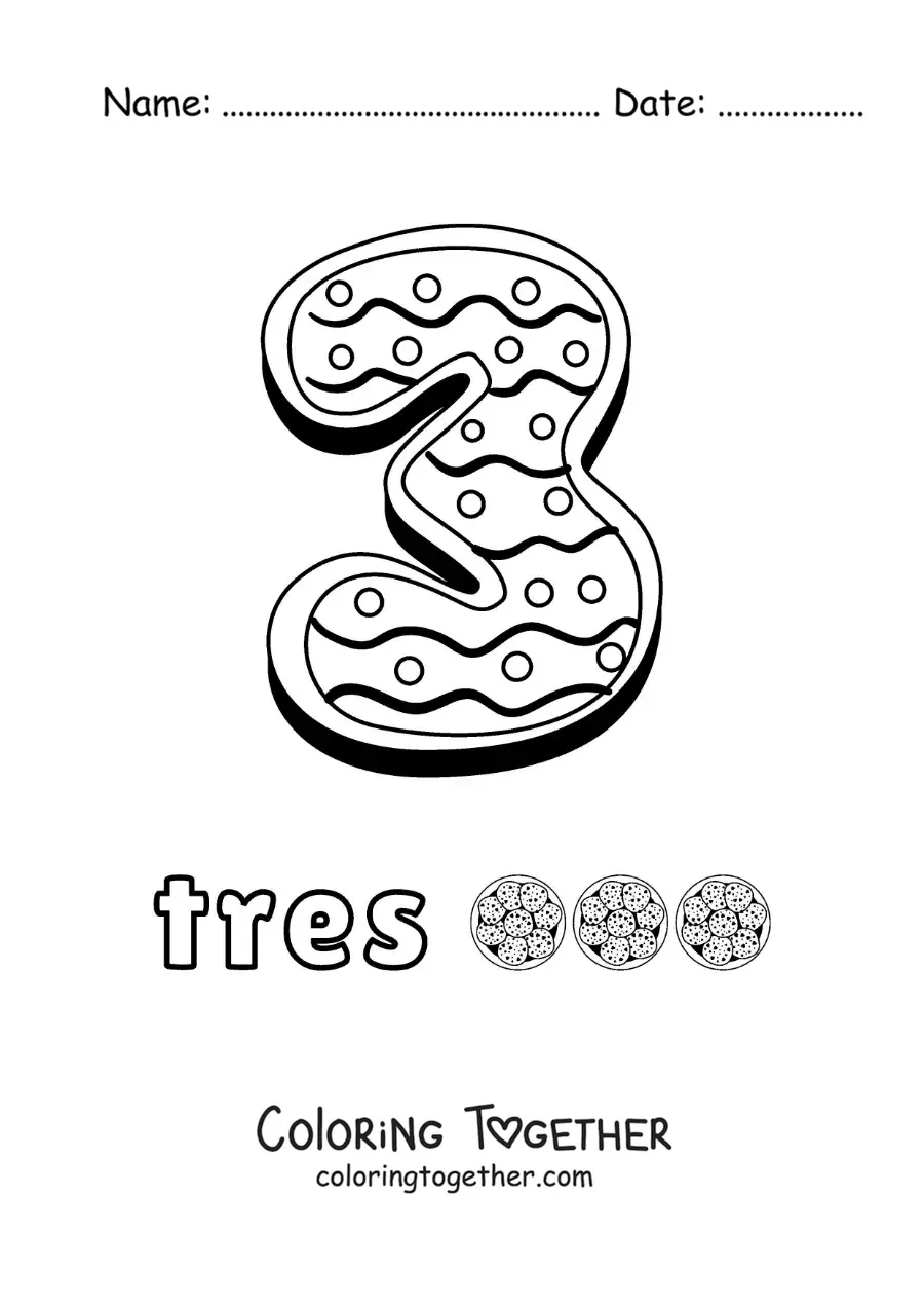 Coloring page of the animated number 3 shaped like a cookie with objects to count