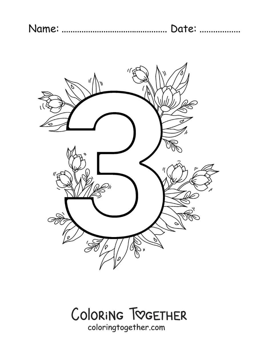 Coloring page of the number 3 decorated with flowers