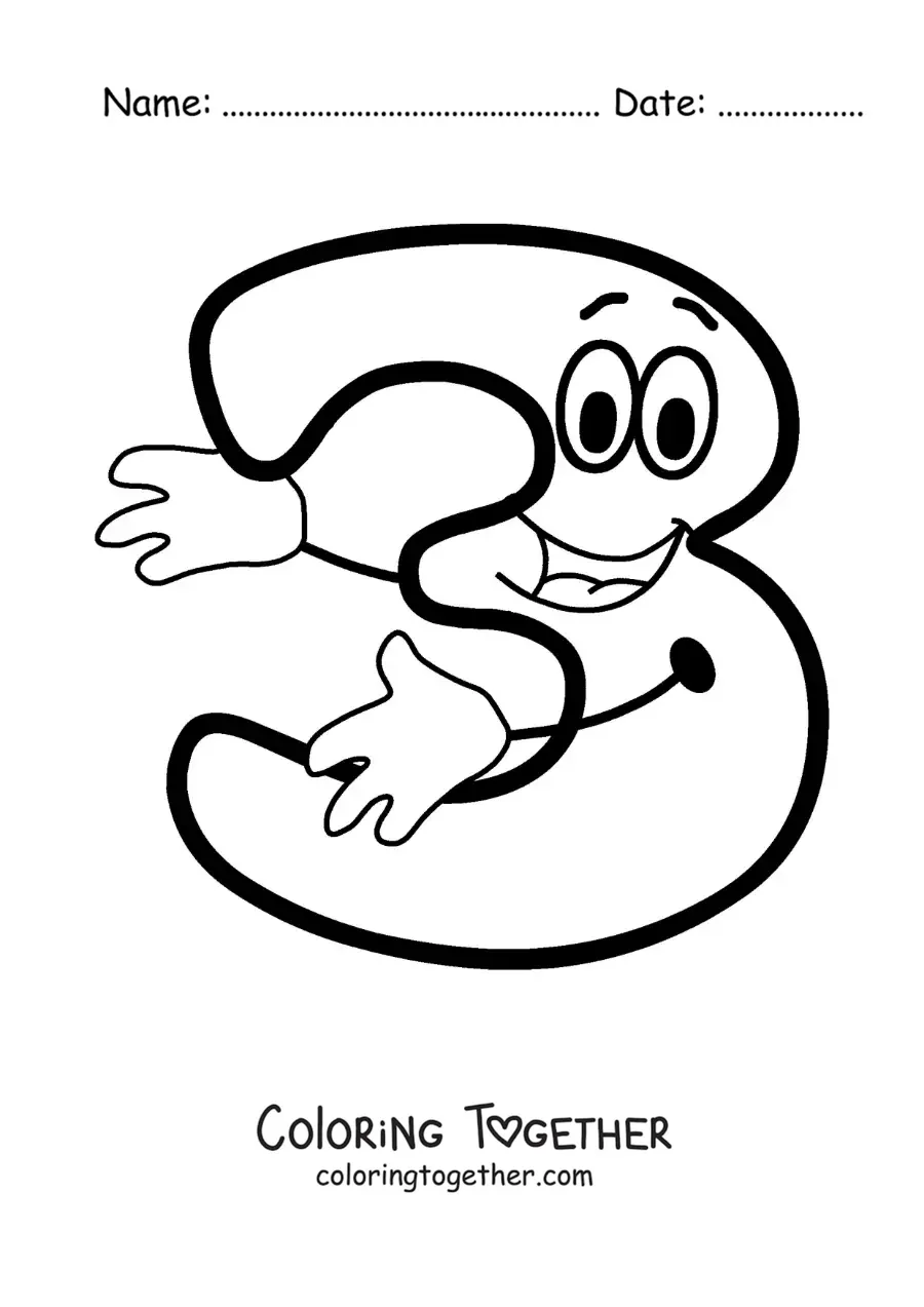 Coloring page of the animated number 3 dancing for kids