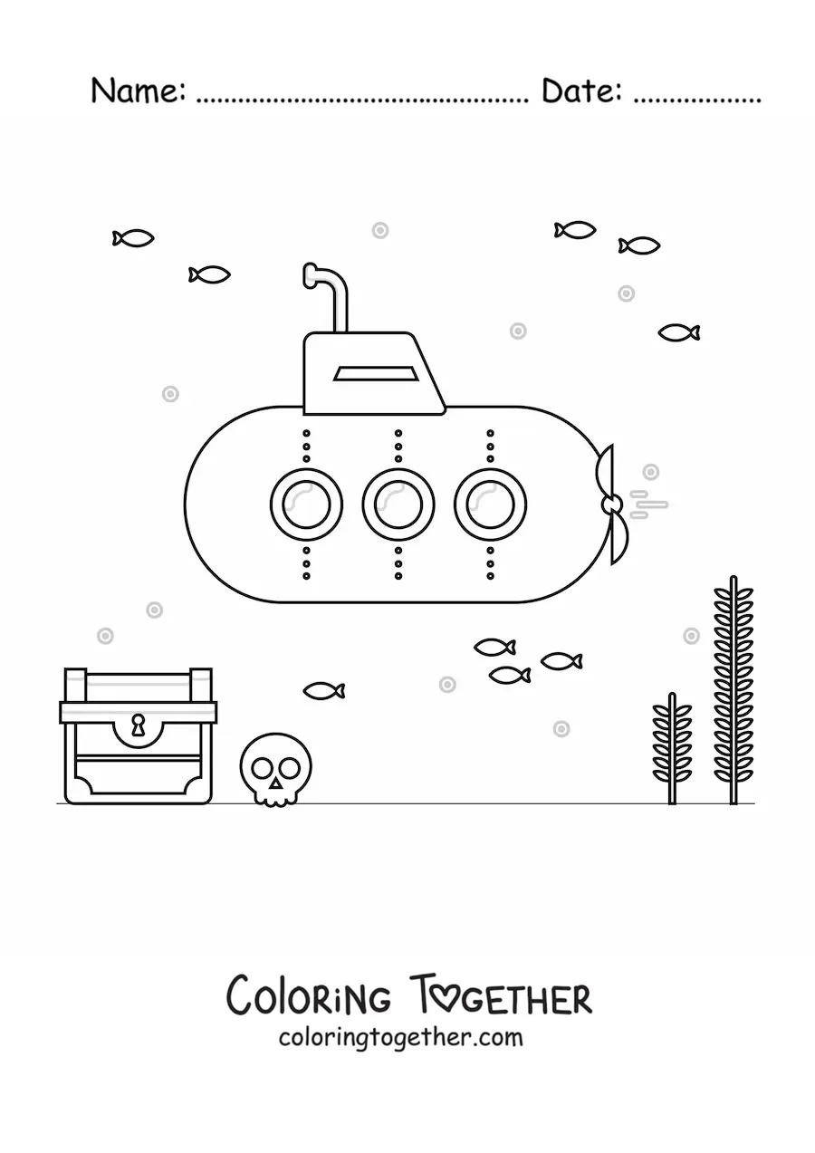 Coloring page of a submarine on the ocean floor next to a treasure