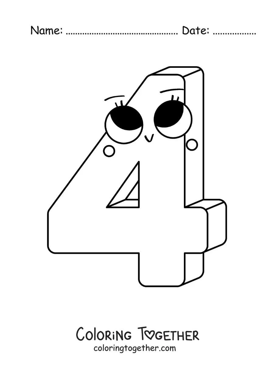 Coloring page of the animated number 4 for children