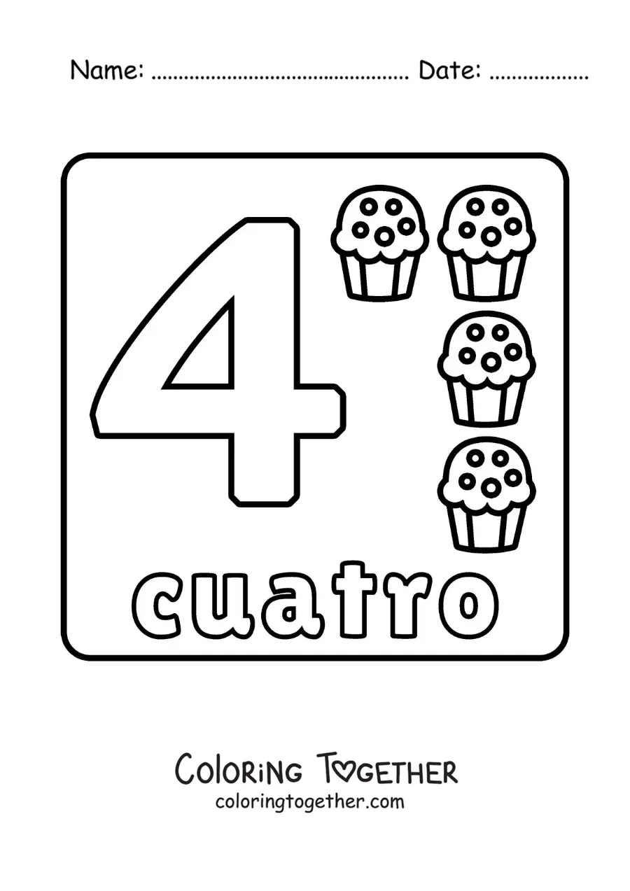 Coloring page of the number 4 with objects to learn to count