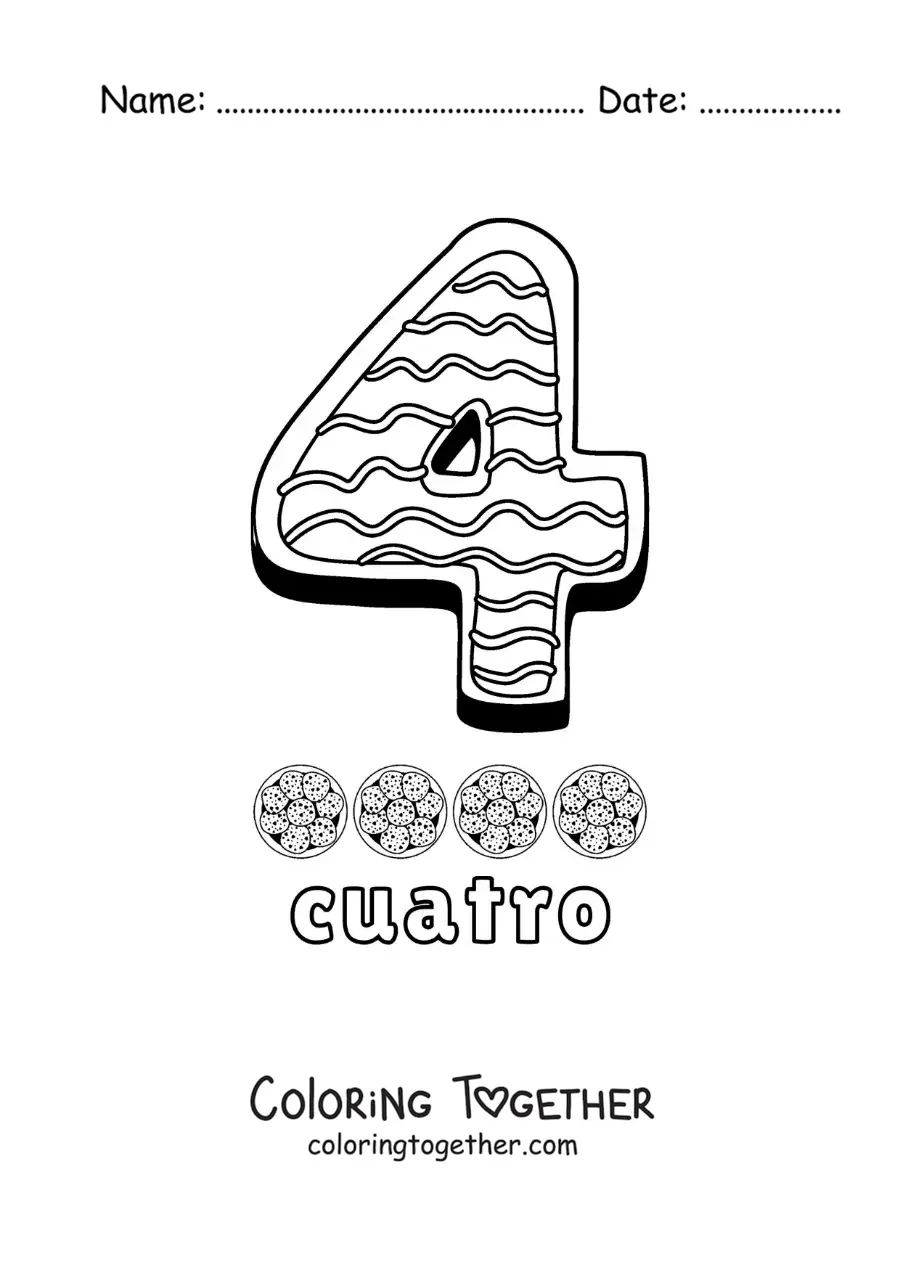 Coloring page of the animated number 4 shaped like a cookie with objects to count