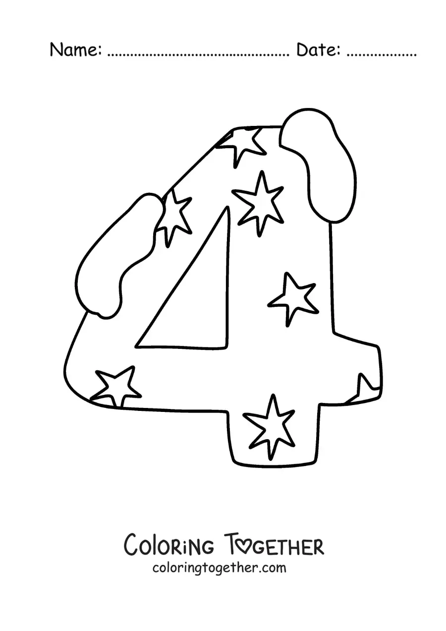 Coloring page of the decorated number 4 for kids