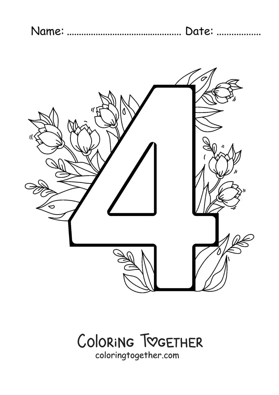 Coloring page of the number 4 decorated with flowers