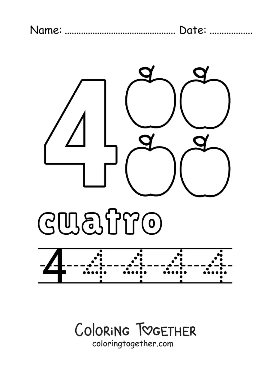 Coloring page of the number 4 with objects to learn to count and trace