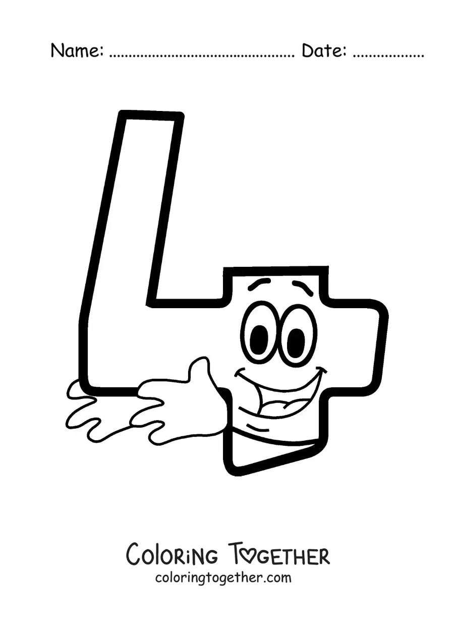 Coloring page of the animated number 4 dancing for kids