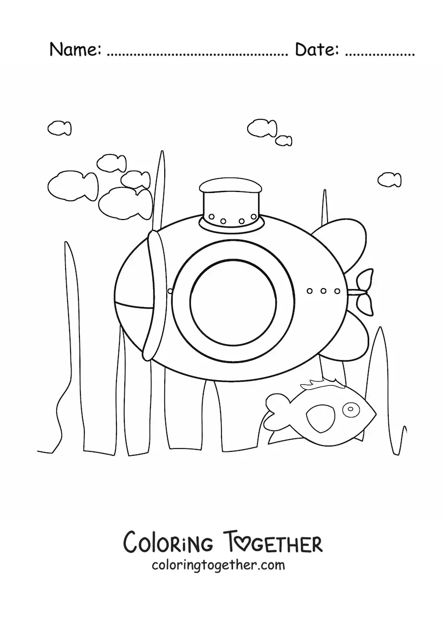 Coloring page of a submarine among seaweed on the ocean floor