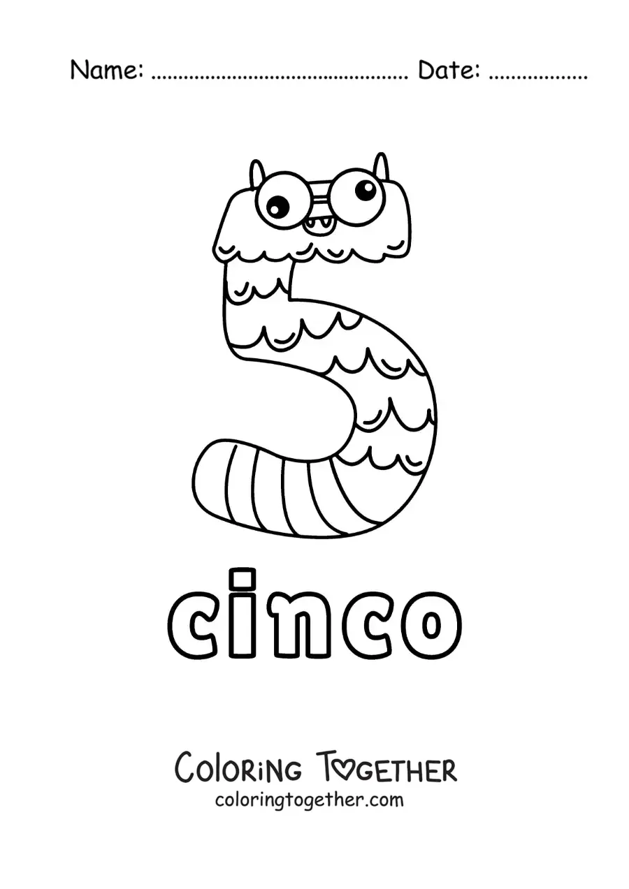 Coloring page of the number 5 shaped like an animated Halloween monster