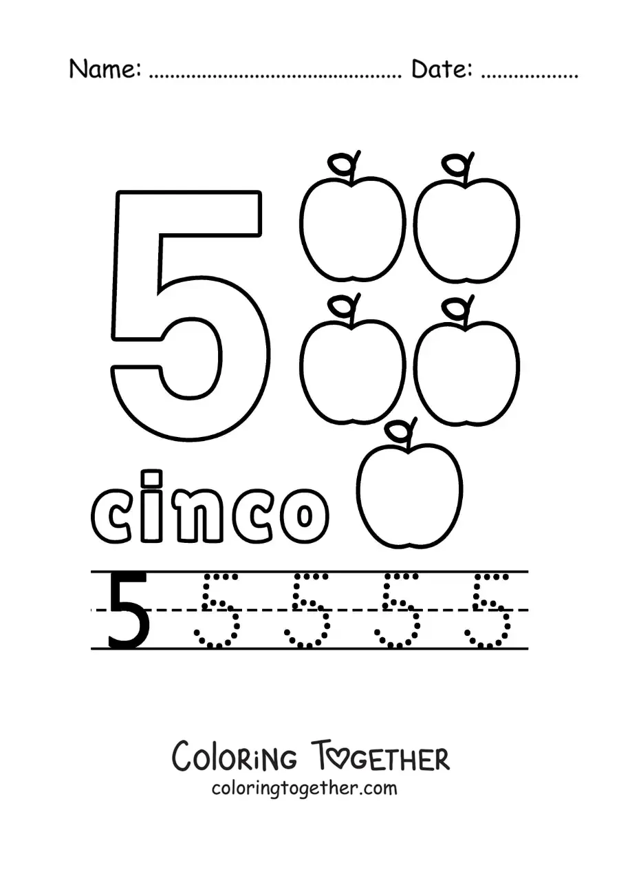 Coloring page of the number 5 with objects to learn to count