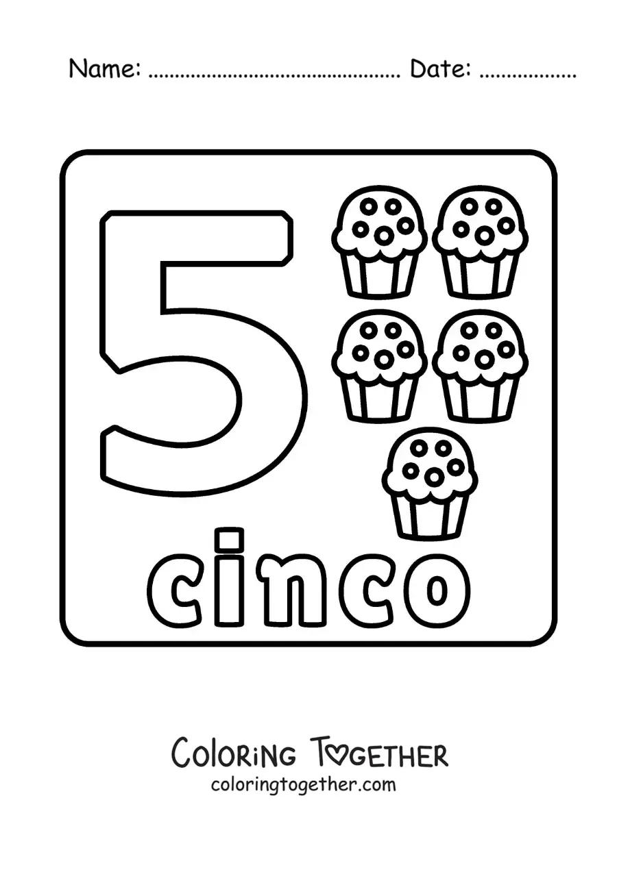 Coloring page of the number 5 with objects to learn to count and trace