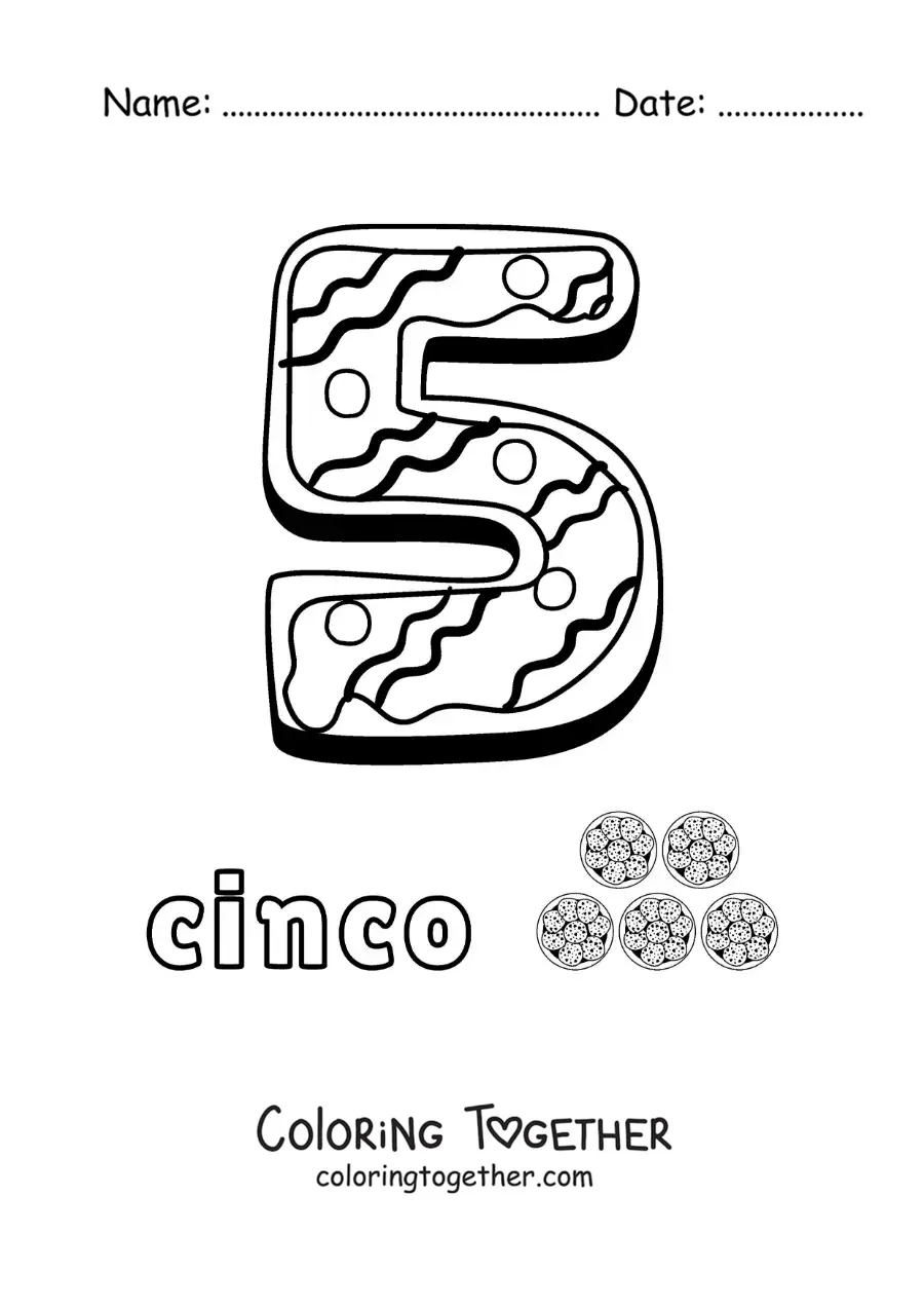 Coloring page of the animated number 5 shaped like a cookie with objects to count