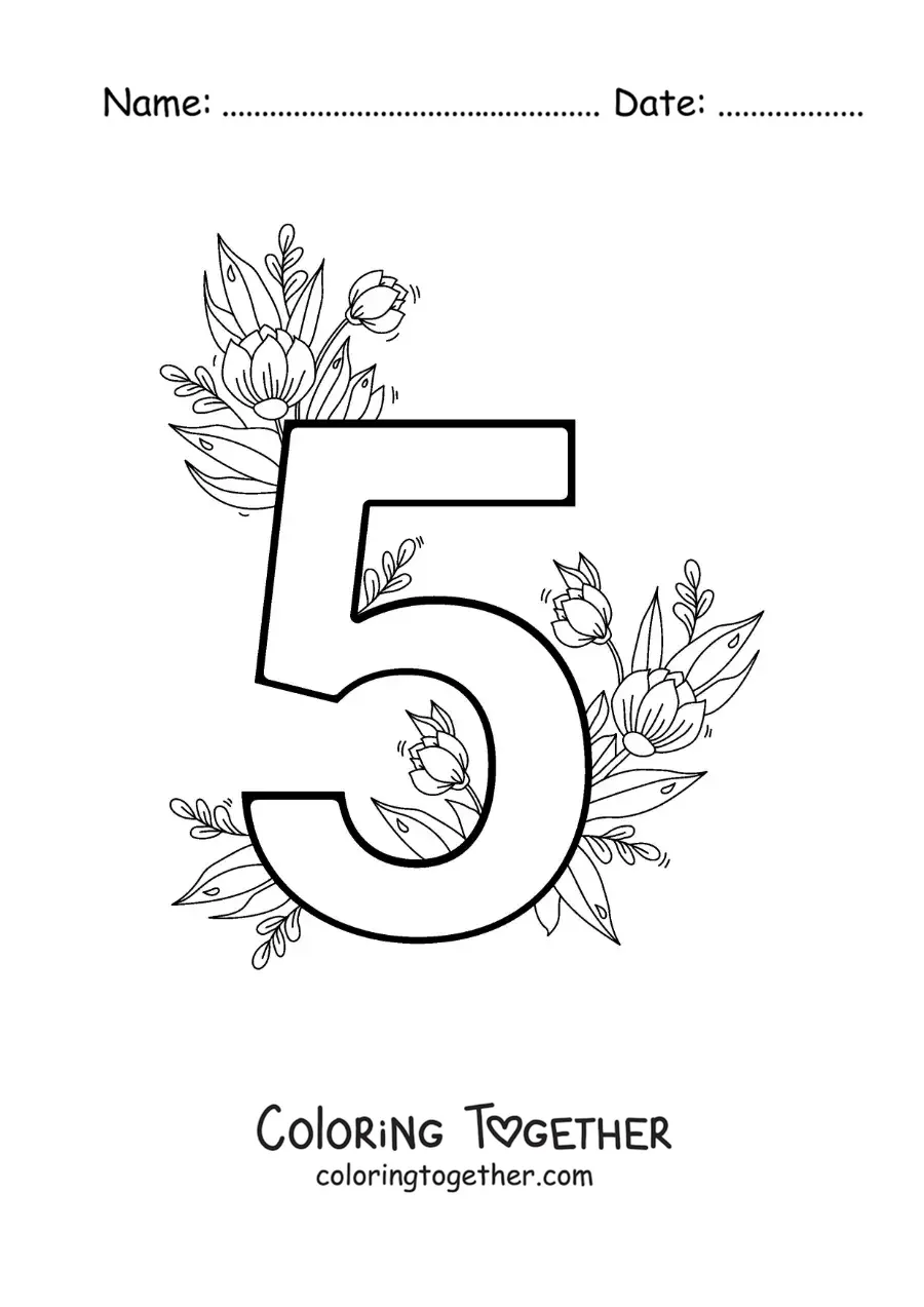 Coloring page of the number 5 decorated with flowers