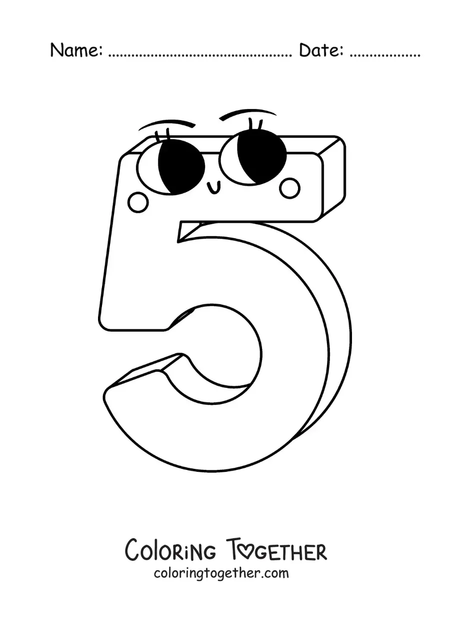 Coloring page of the animated number 5 for children