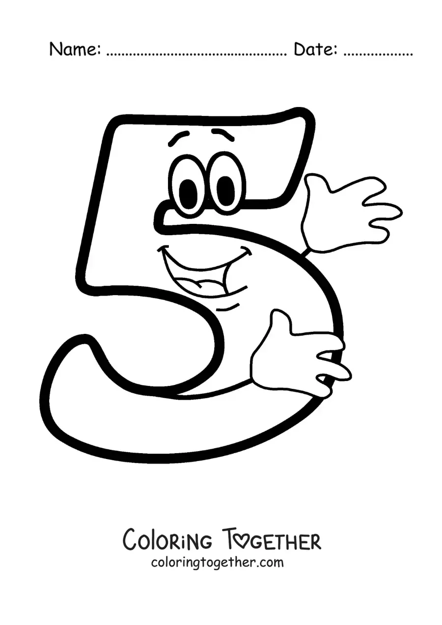 Coloring page of the animated number 5 dancing for kids
