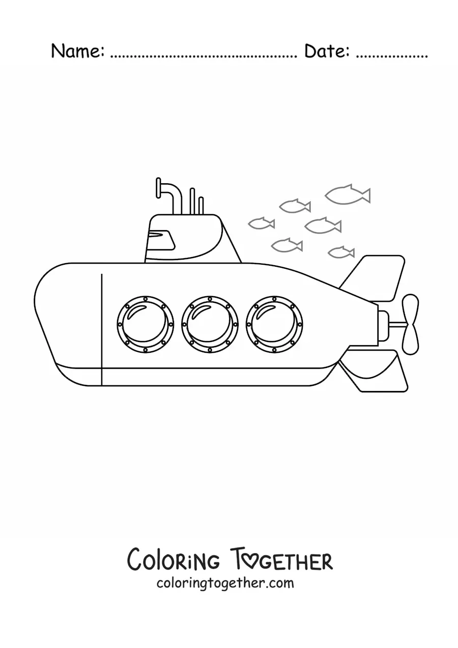 Coloring page of a submarine with three windows surrounded by fish
