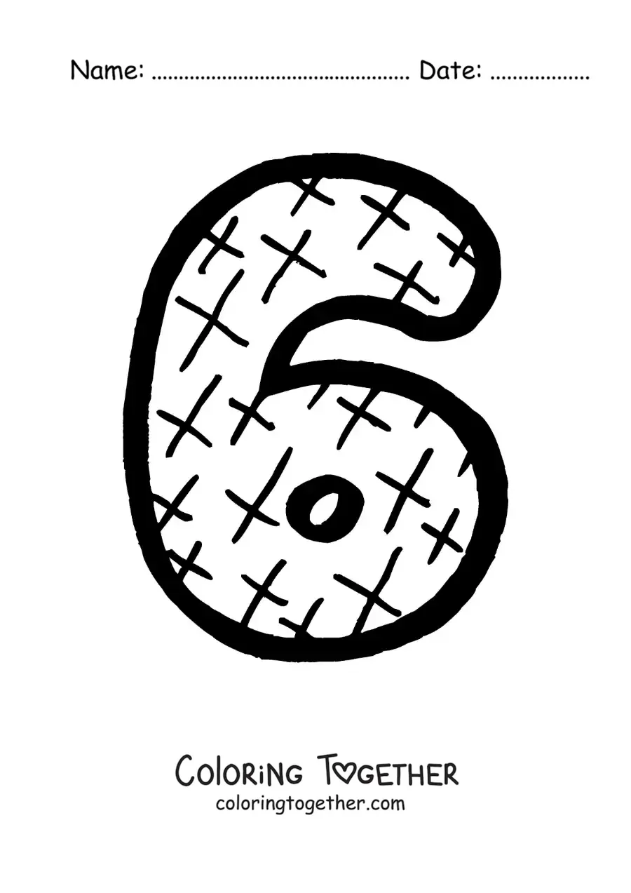 Coloring page of the large number 6 for preschool kids