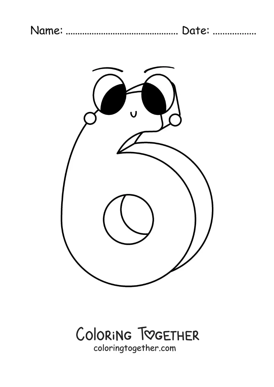 Coloring page of the animated number 6 for children