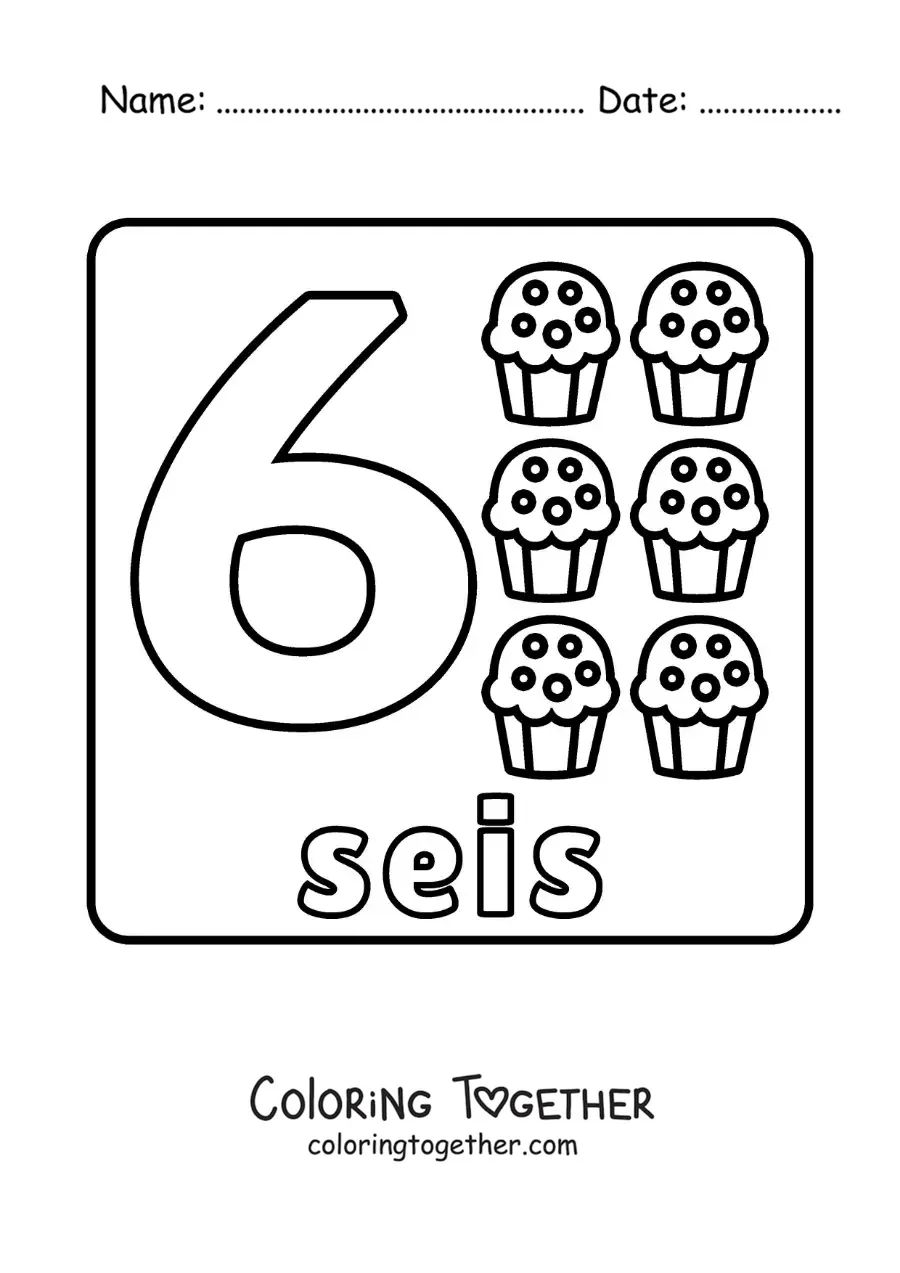 Coloring page of the number 6 with objects to learn to count