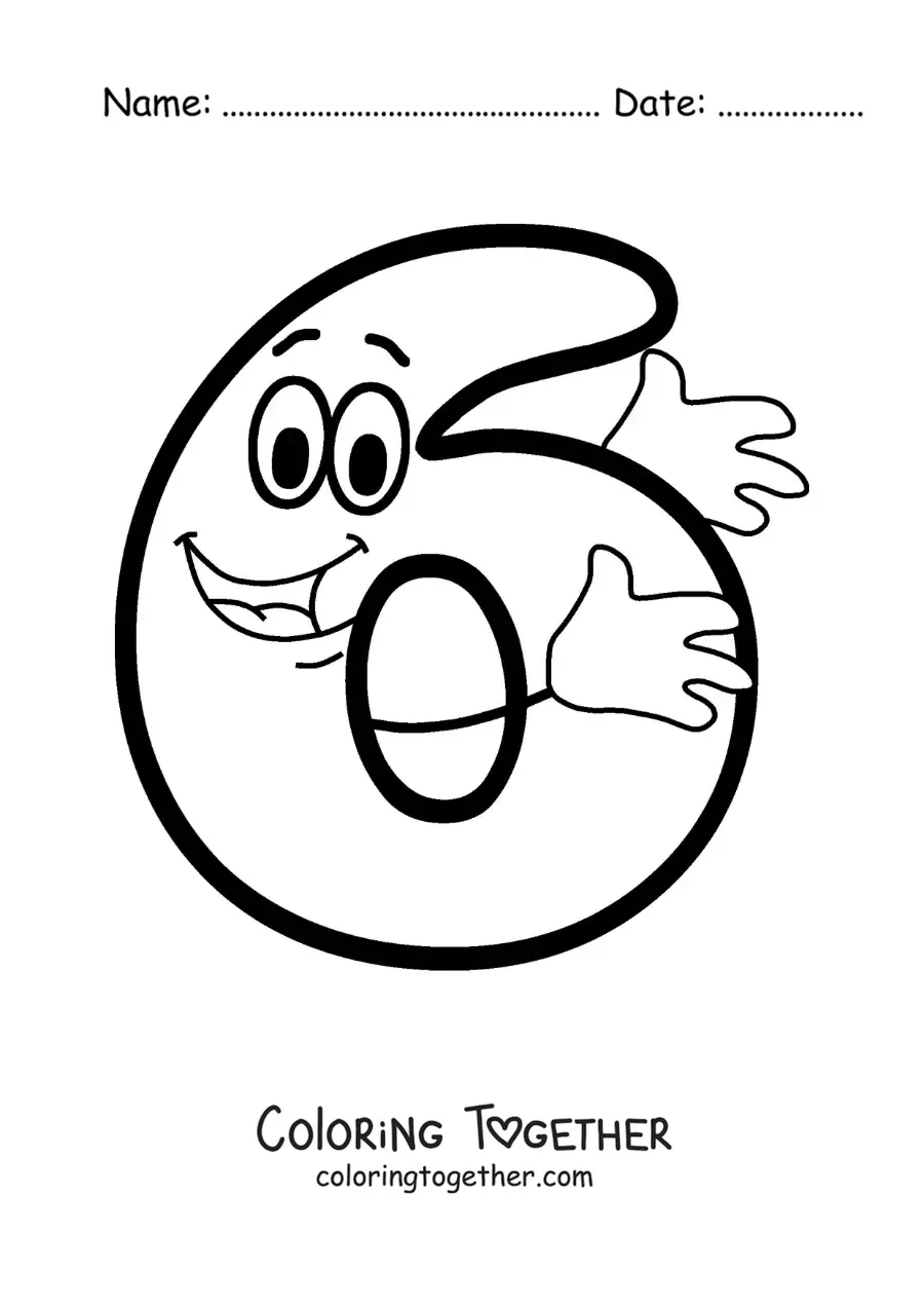 Coloring page of the animated number 6 dancing for kids