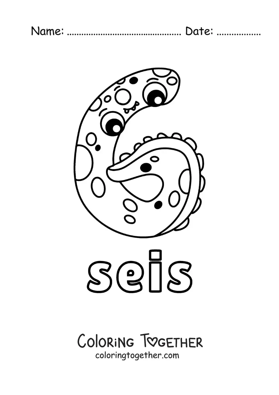 Coloring page of the number 6 shaped like an animated Halloween monster