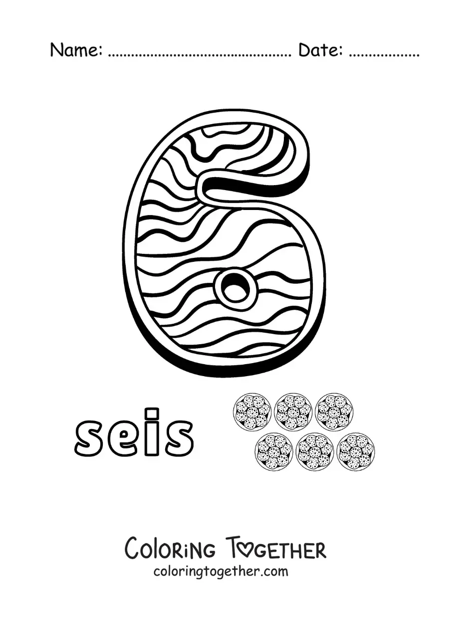 Coloring page of the animated number 6 shaped like a cookie with objects to count