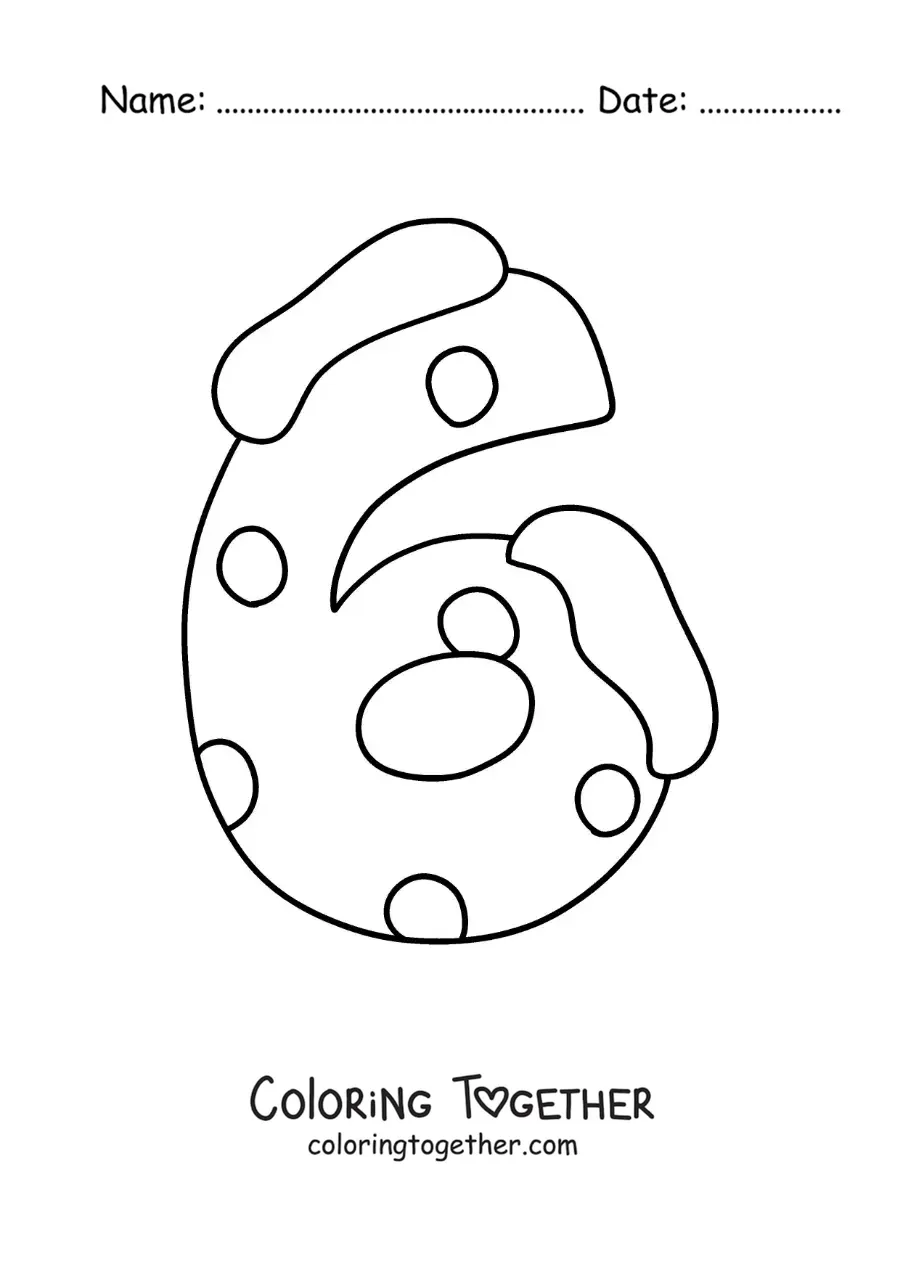 Coloring page of the decorated number 6 for kids