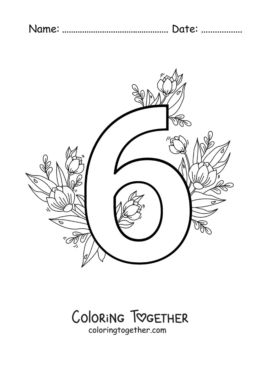 Coloring page of the number 6 decorated with flowers