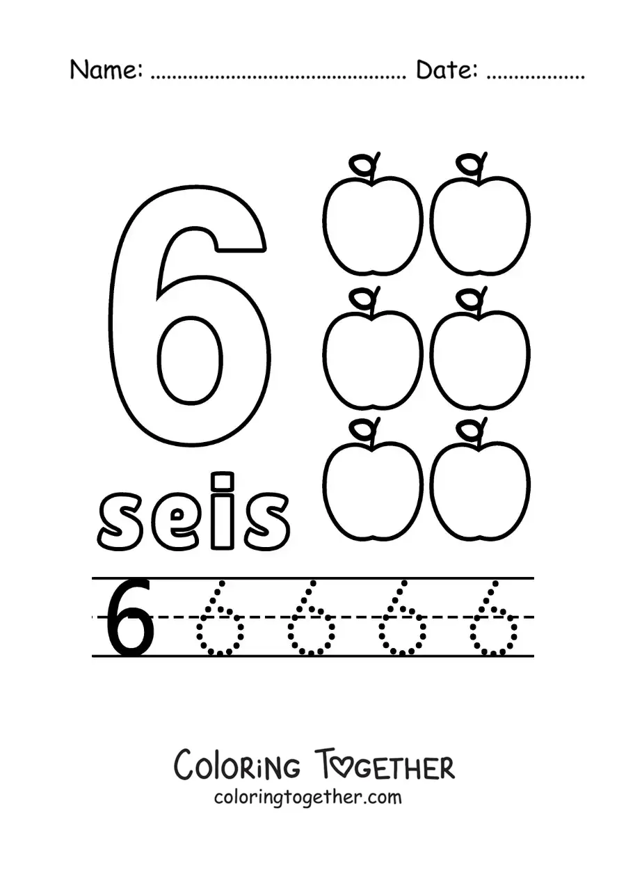 Coloring page of the number 6 with objects to learn to count and trace