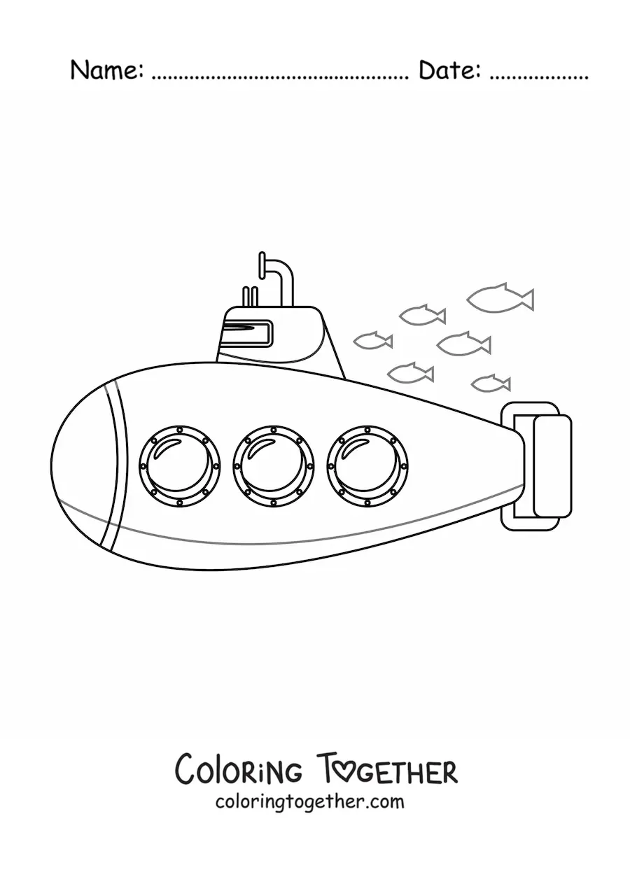 Coloring page of a submarine with three windows next to a school of fish
