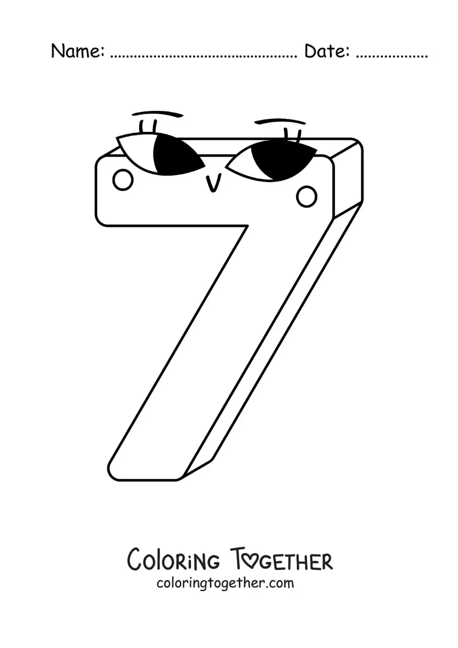 Coloring page of the animated number 7 for children