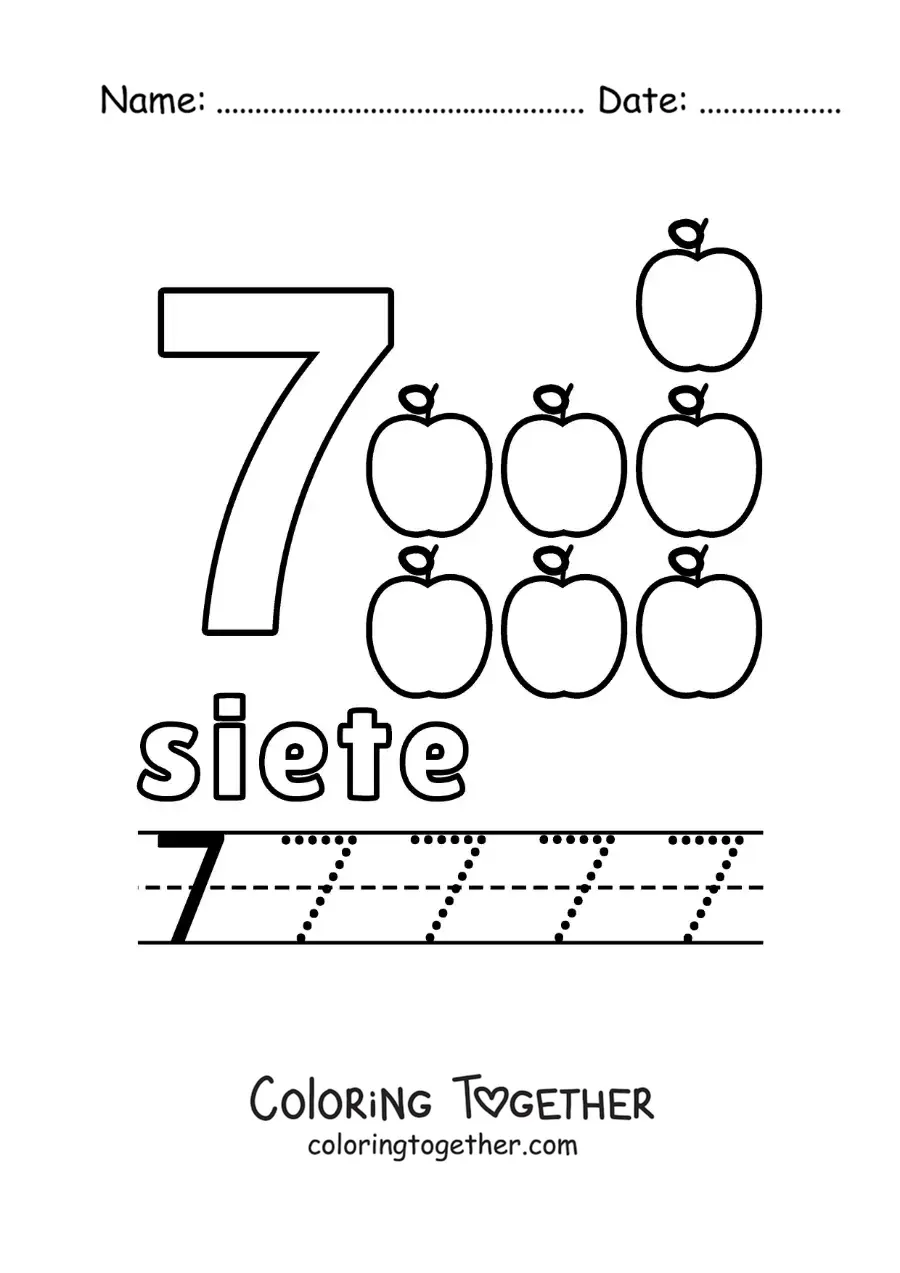 Coloring page of the number 7 with objects to learn to count and trace