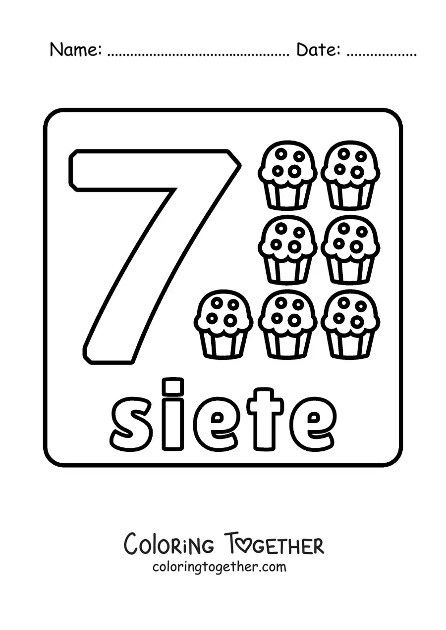 Coloring page of the number 7 with objects to learn to count