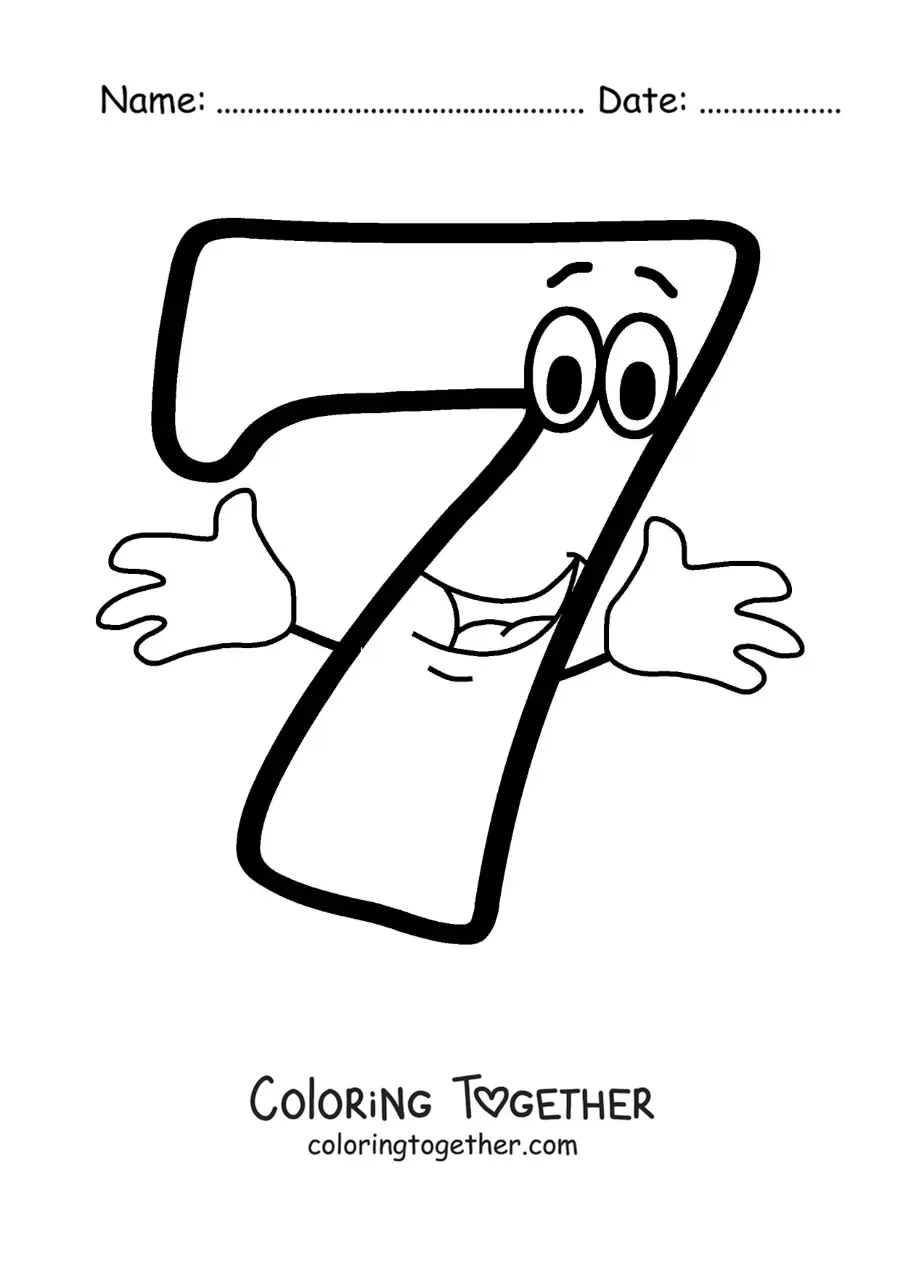 Coloring page of the animated number 7 dancing for kids