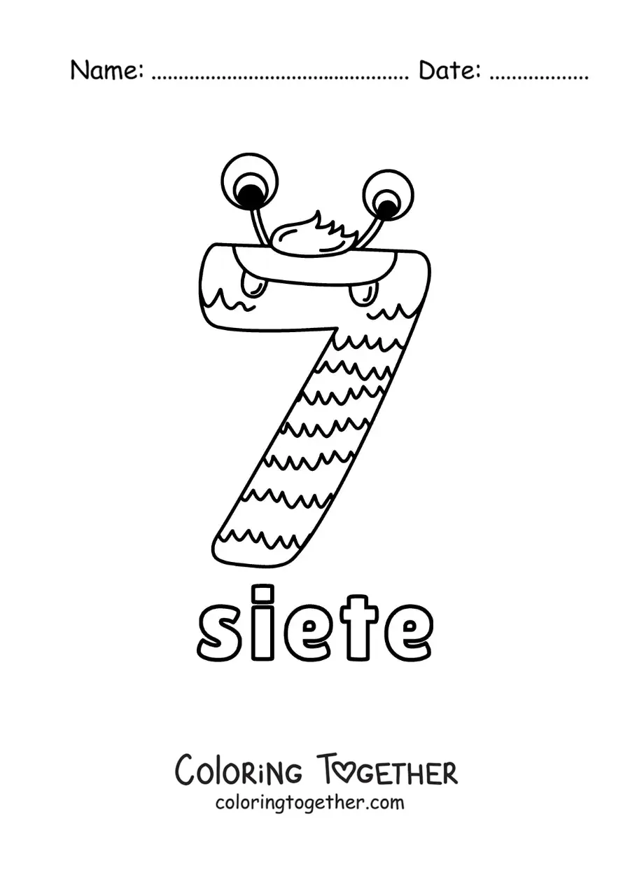 Coloring page of the number 7 shaped like an animated Halloween monster