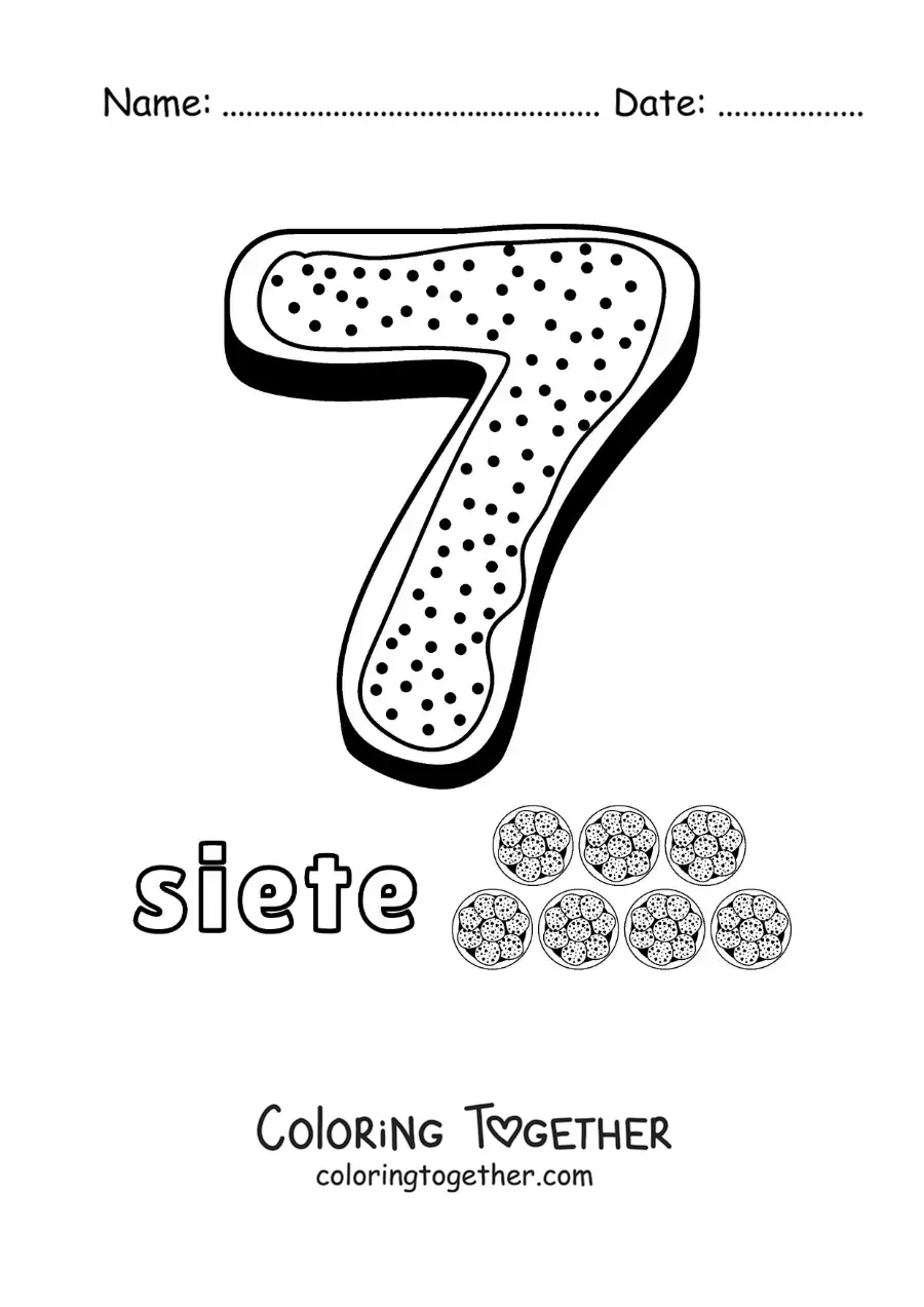 Coloring page of the animated number 7 shaped like a cookie with objects to count