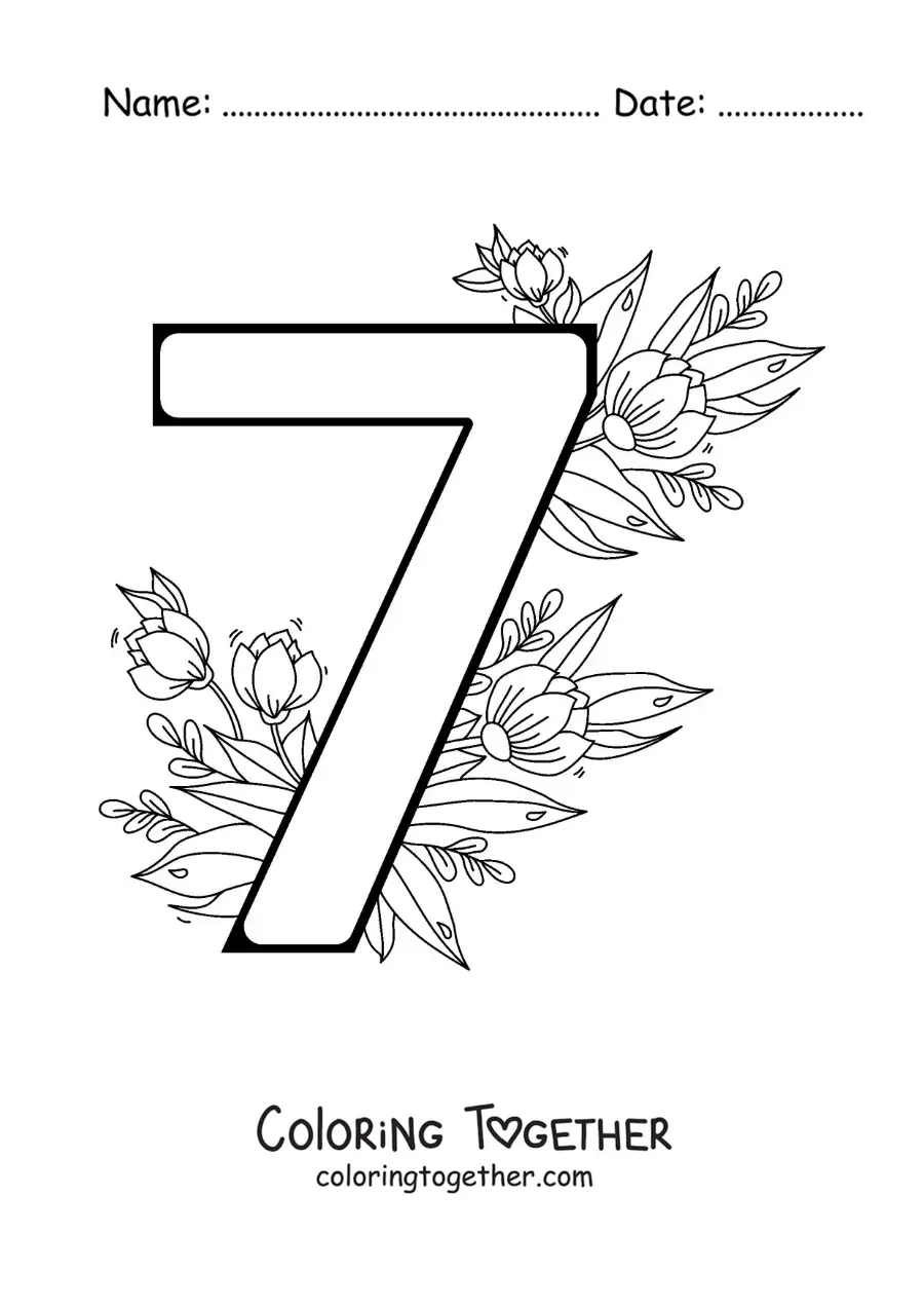 Coloring page of the number 7 decorated with flowers